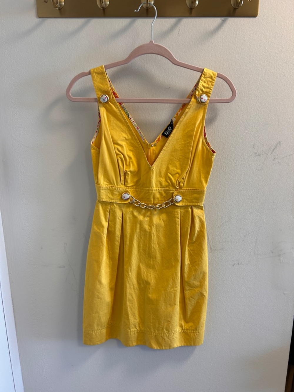 D&G Bright Yellow V-Neck Dress with Chain Accent
